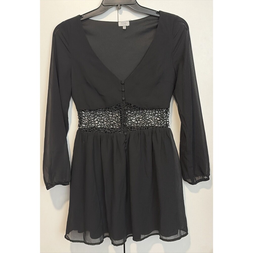 TOBI Mini Dress Black Fit & Flare Long Sleeve V-Neck Size Medium